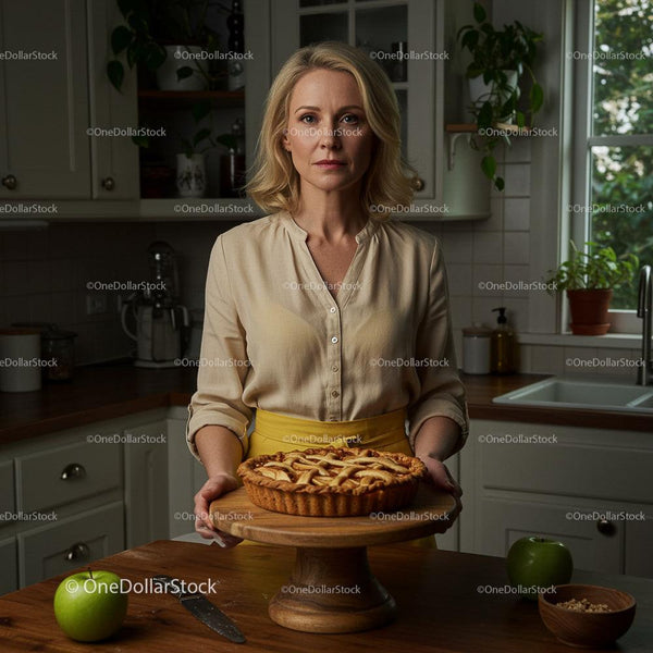 Woman Holding Freshly Baked Apple Pie in Cozy Kitchen
