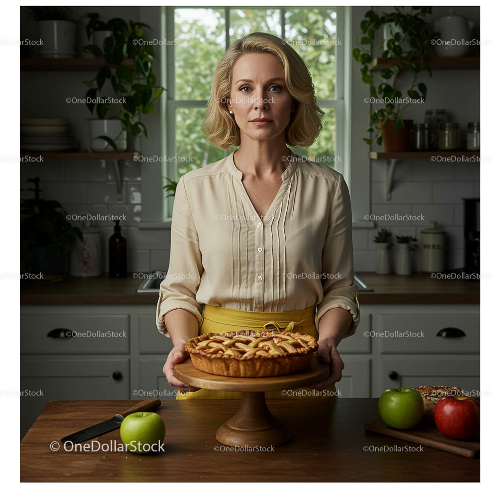 Woman Presenting Homemade Apple Pie in Cozy Kitchen