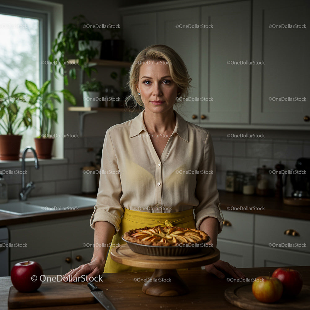 Blonde Woman with Homemade Apple Pie in Cozy Kitchen