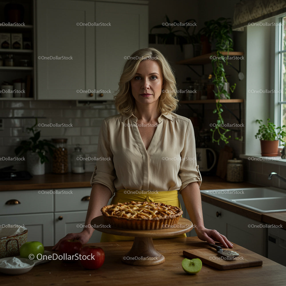 Woman with Apple Pie in Cozy Home Kitchen