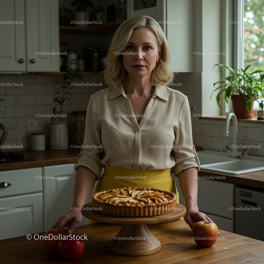 Blonde Woman with Homemade Apple Pie in Cozy Kitchen
