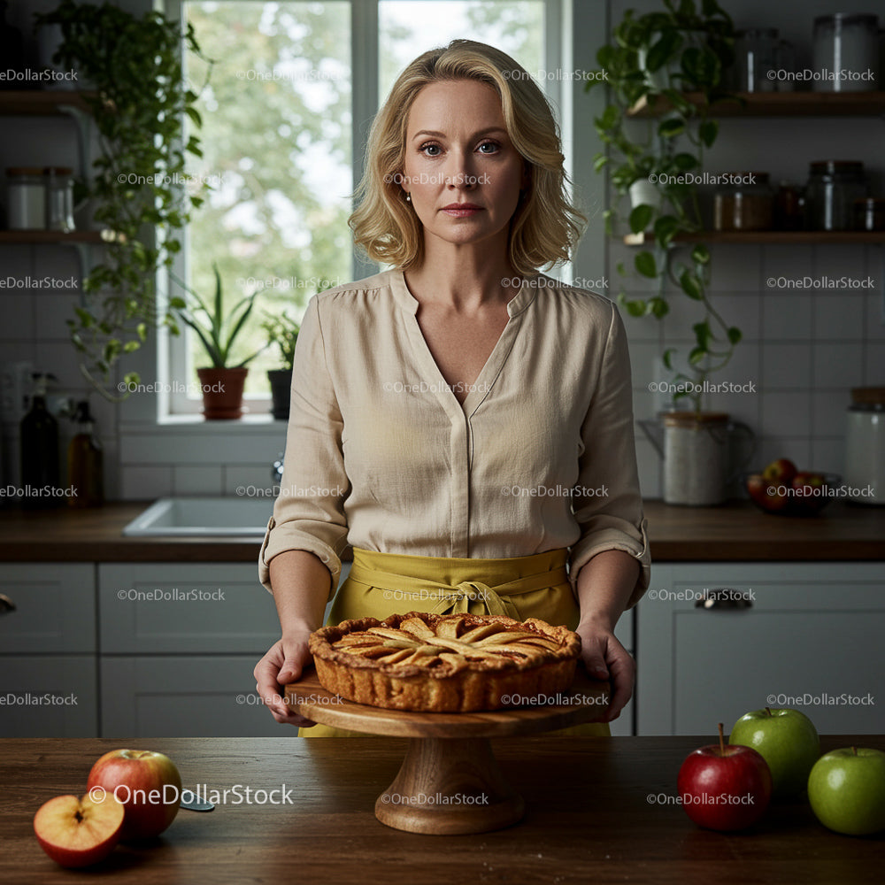 Woman Presenting Homemade Apple Pie in a Cozy Kitchen