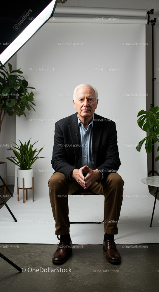 Senior Man in Studio with Professional Lighting and Greenery