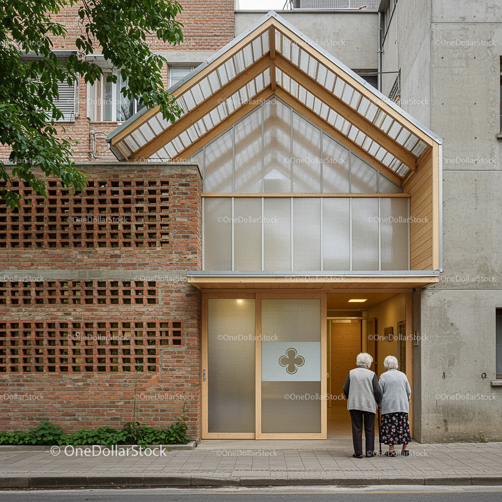 Elderly Couple at Modern Brick Building Entrance
