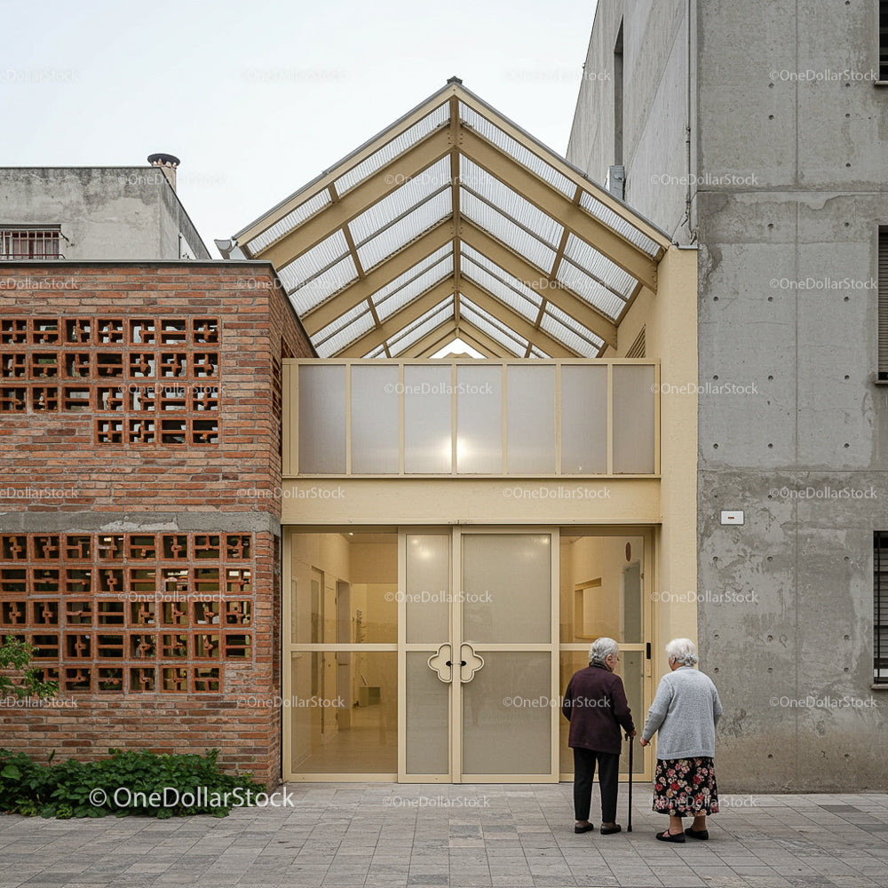 Elderly Couple at Modern Urban Retirement Home Entrance