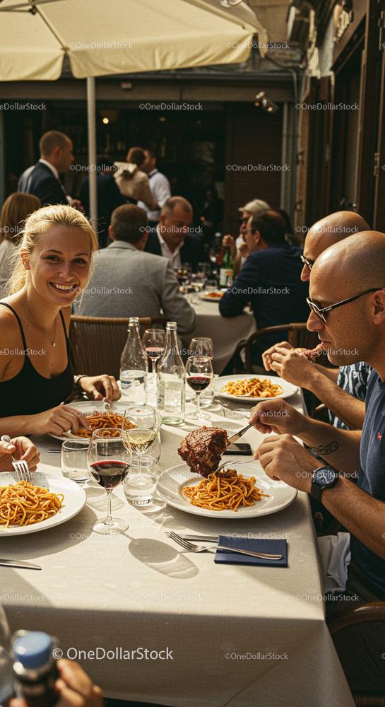 Relaxed Outdoor Dining with Friends Enjoying Pasta and Wine