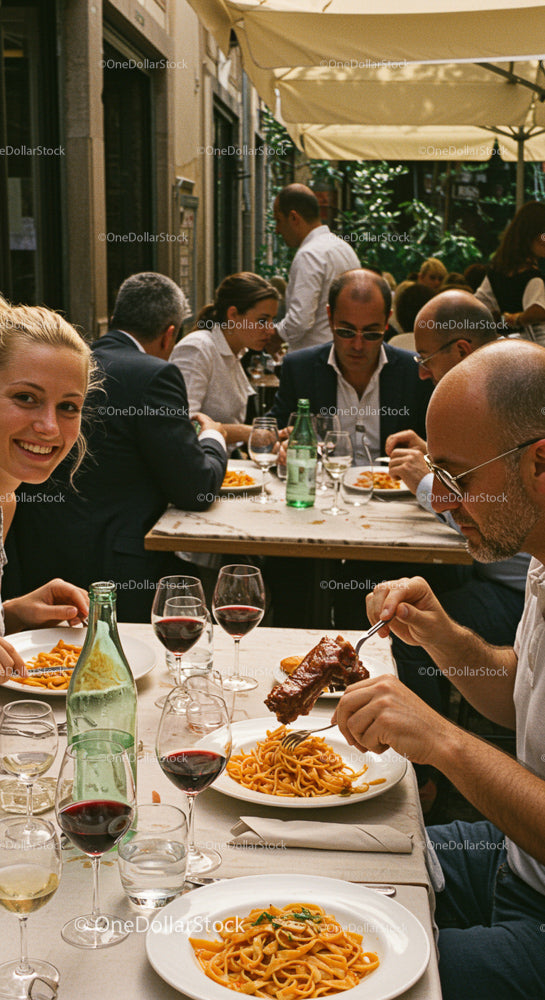 Group Enjoying Alfresco Dining with Pasta and Wine