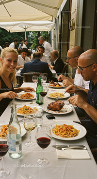 Group Enjoying Outdoor Italian Lunch with Wine