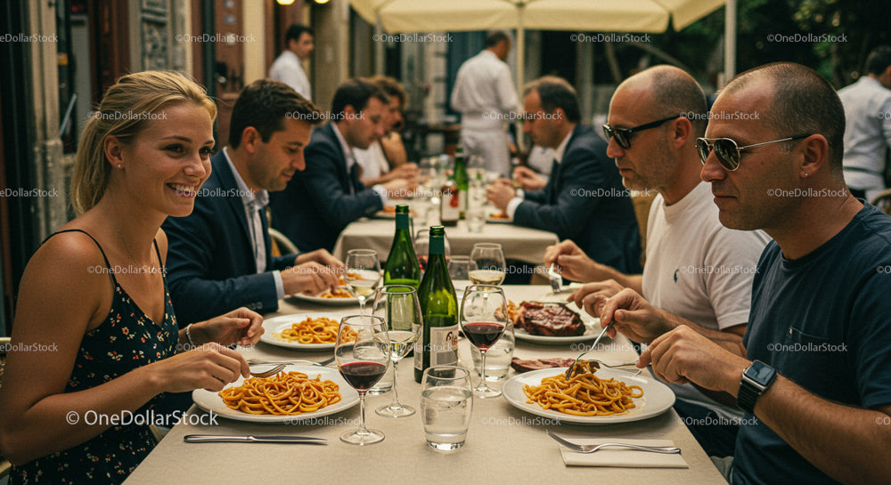 Friends Enjoying Pasta and Wine at Outdoor Dining