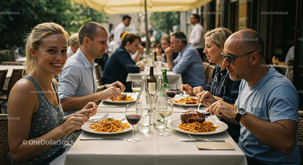 Friends Enjoying an Al Fresco Pasta Dinner Together