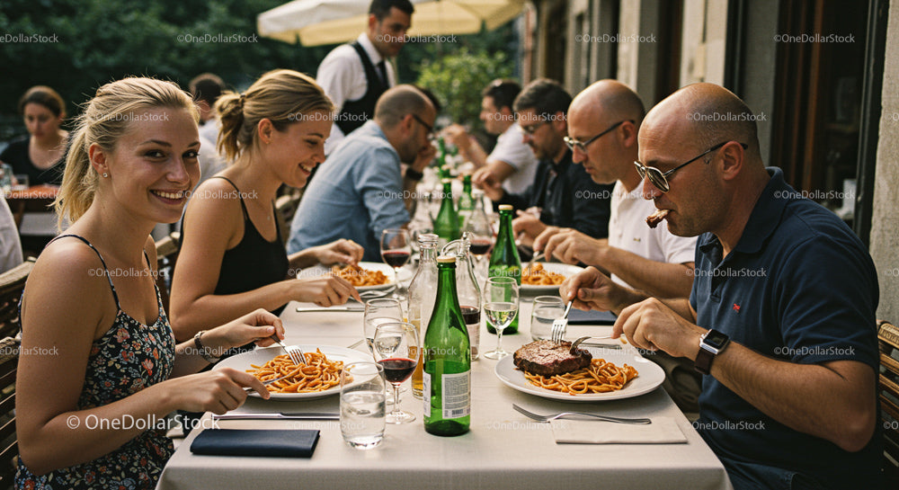 Friends Enjoying Italian Dining at an Outdoor Restaurant