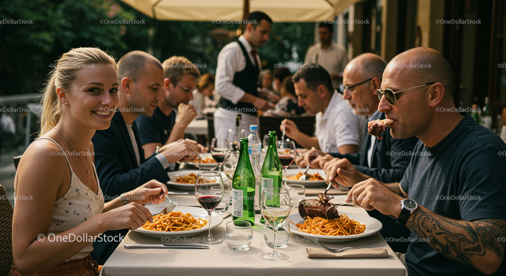 Friends Enjoying Pasta Lunch on a Sunny Restaurant Terrace