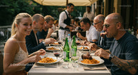 Friends Enjoying Pasta Lunch on a Sunny Restaurant Terrace