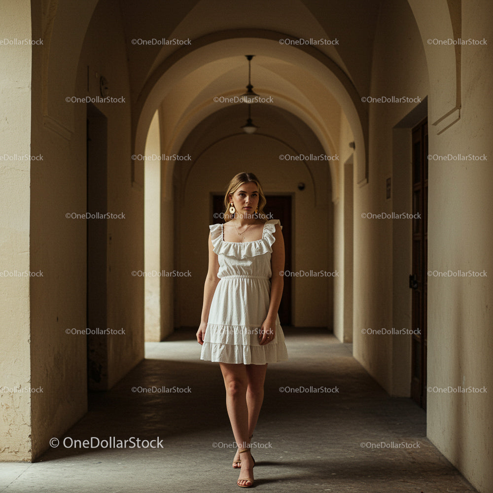 Elegant Woman in a White Dress Walking Through Arched Hallway