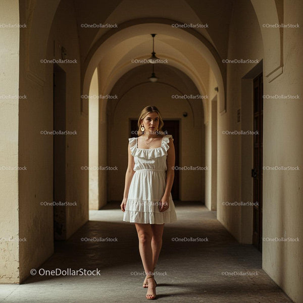 Elegant Woman in a White Dress Walking Through Arched Hallway