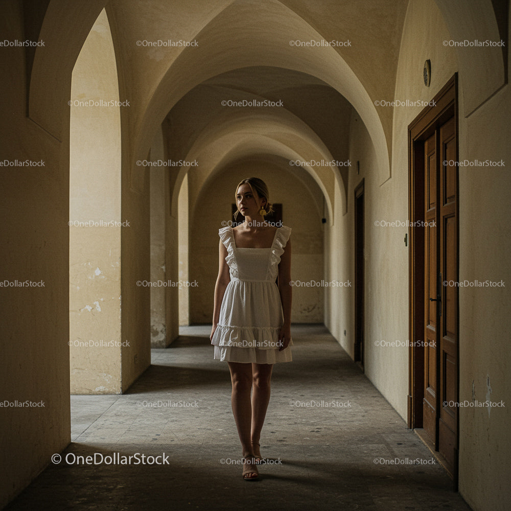 Elegant Woman in White Dress in Arched Hallway