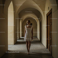 Elegant Woman in White Dress in Arched Hallway