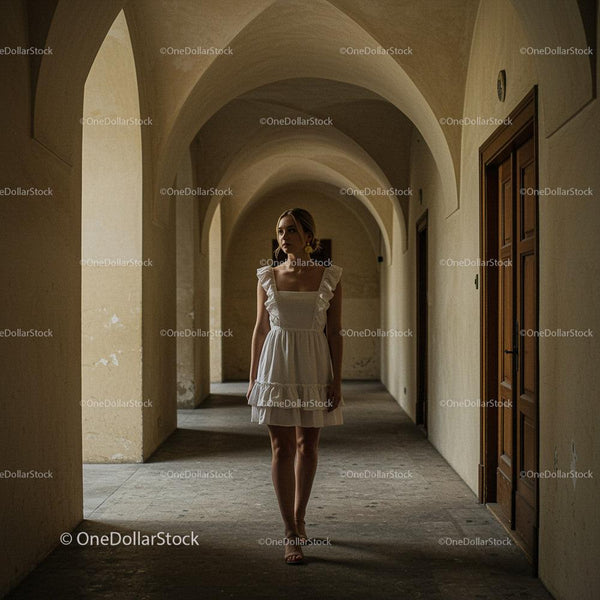 Elegant Woman in White Dress in Arched Hallway