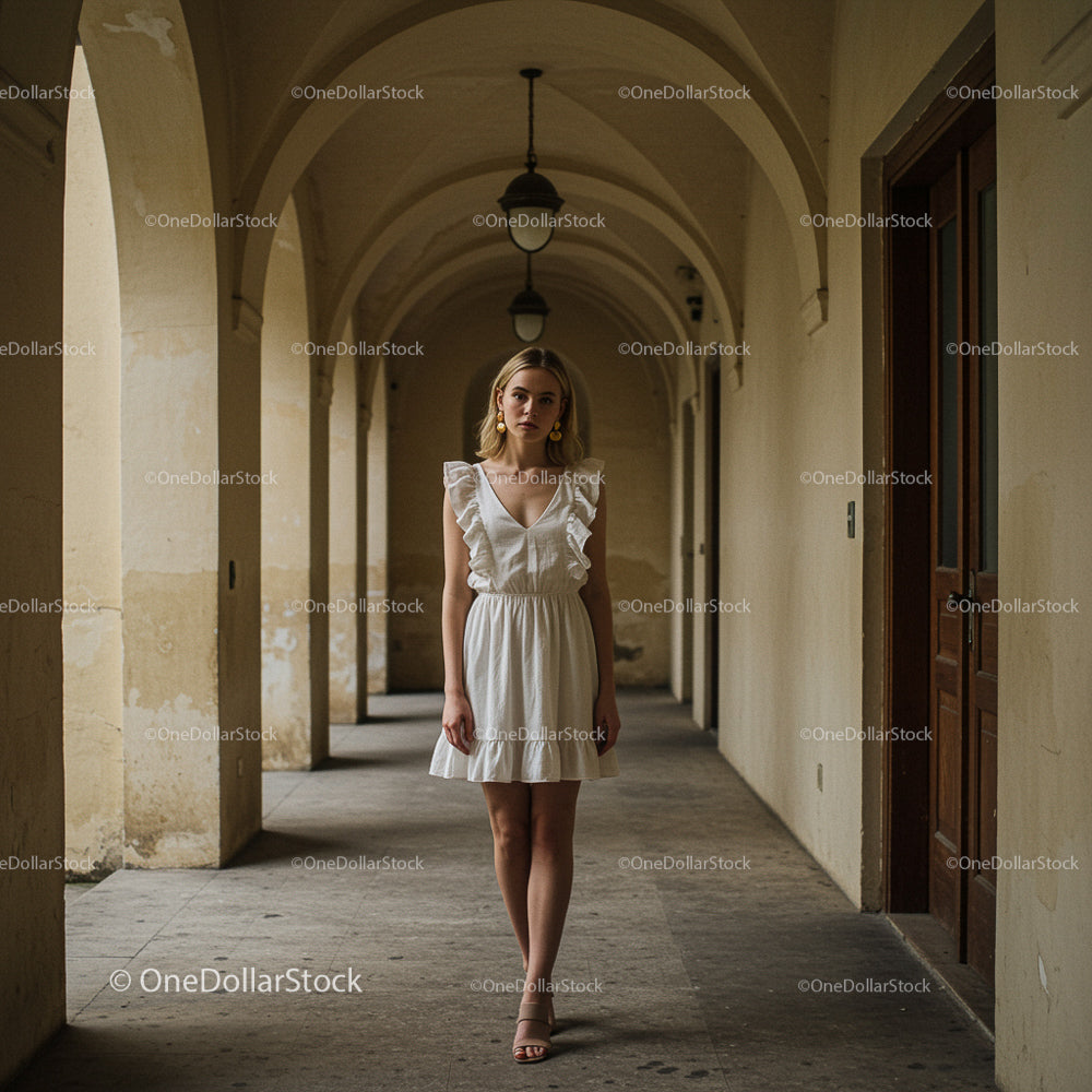 Elegant Woman in White Dress in Historic Archway