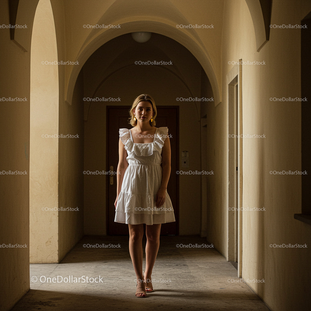 Young Woman in White Dress Standing in Elegant Archway