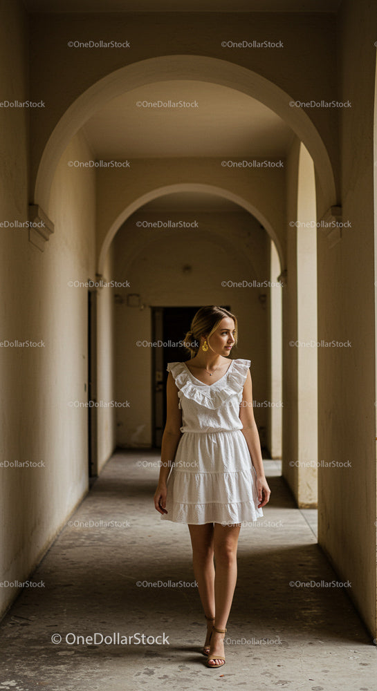 Stylish Woman in White Dress Walking Through Stone Corridor