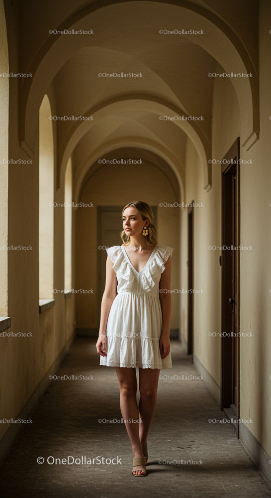 Elegant Woman in White Dress in Arched Corridor