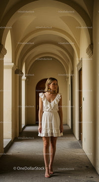 Woman in Elegant White Dress in Arched Corridor