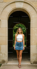 Stylish Young Woman in White Top and Denim Skirt Under Archway