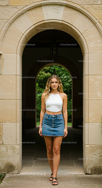 Stylish Young Woman in White Top and Denim Skirt Under Archway