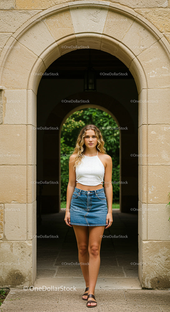 Stylish Young Woman in White Top and Denim Skirt Under Archway