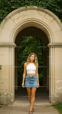 Young Woman in Denim Skirt and White Top at Stone Archway