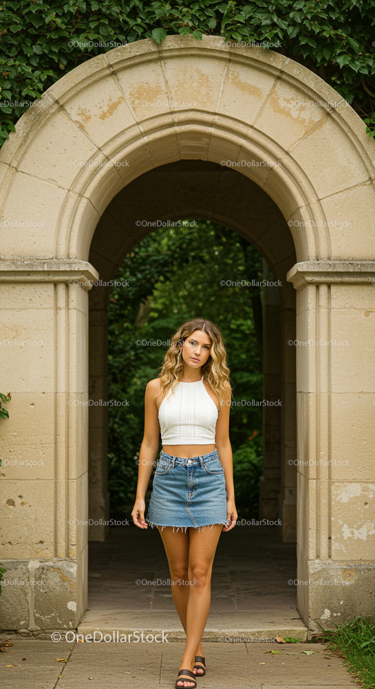 Young Woman in Denim Skirt and White Top at Stone Archway