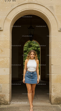 Young Woman in Denim Skirt Walking Through Stone Archway