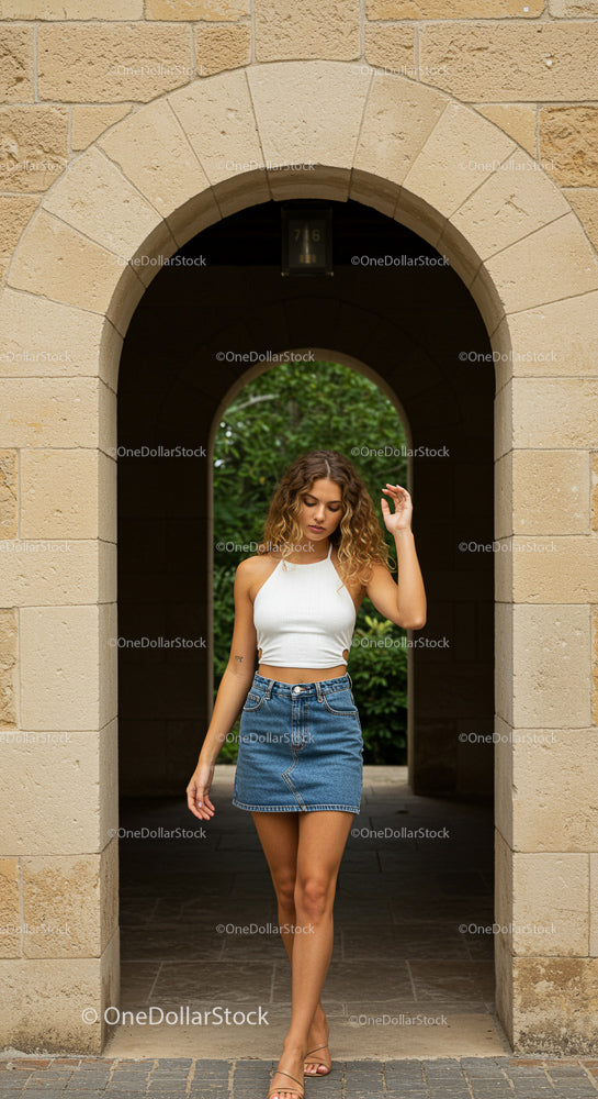Fashionable Young Woman in Denim Skirt by Stone Archway