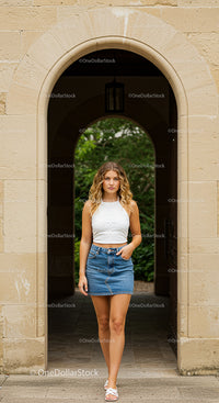 Young Woman in White Top and Denim Skirt by Stone Archway