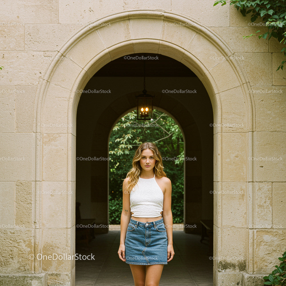 Young Woman in Denim Skirt by Stone Archway