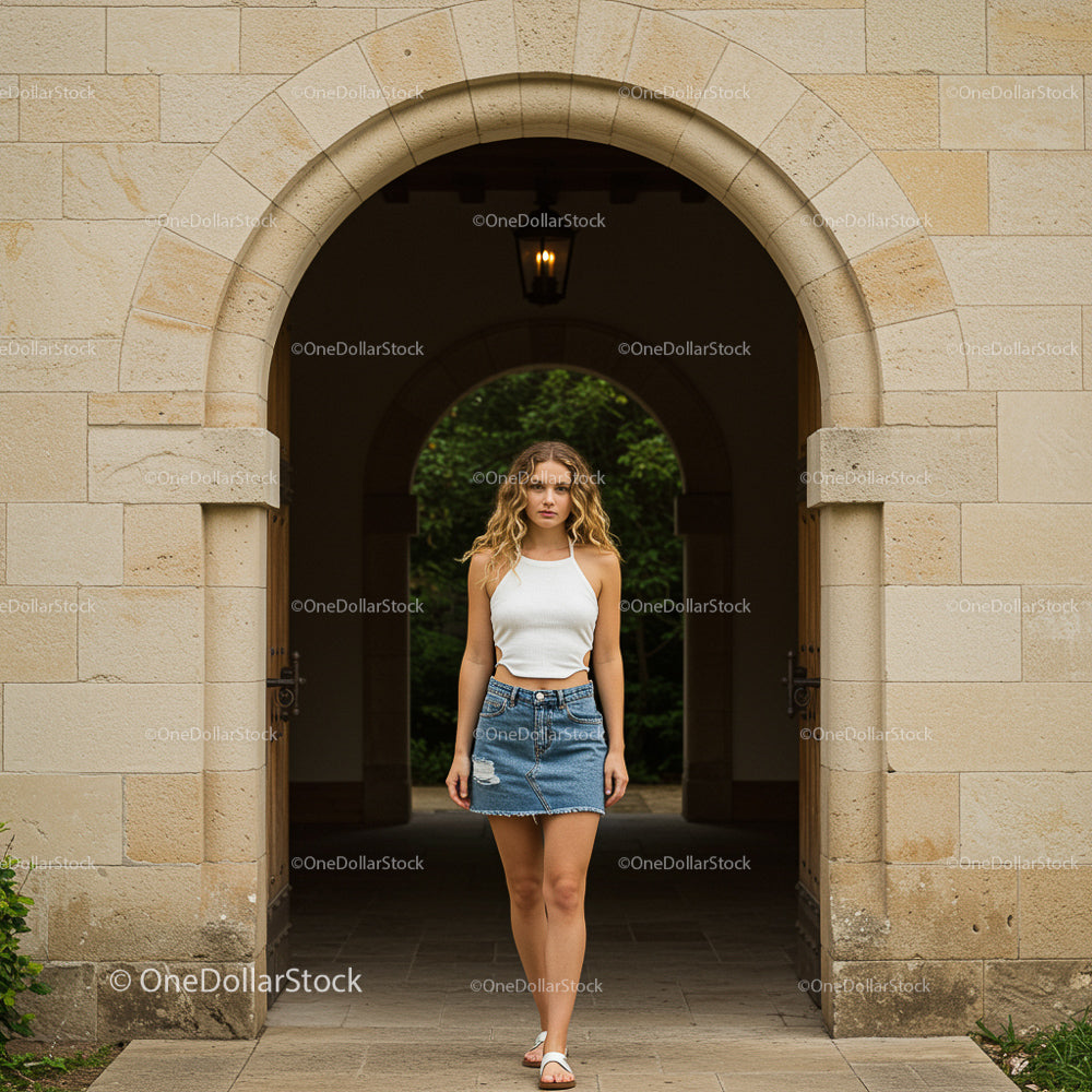 Woman in White Top and Denim Skirt Stands Under Archway