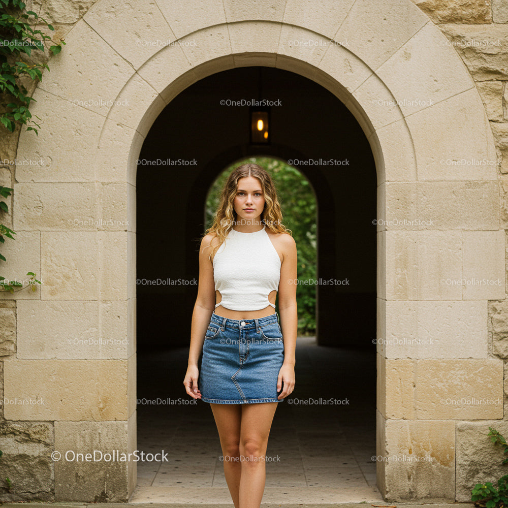 Young Woman in Denim Skirt by Stone Archway