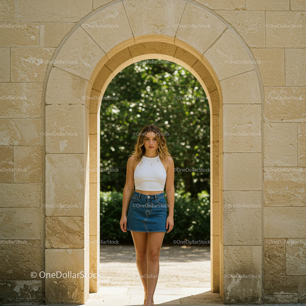 Woman in Denim Skirt Standing in Stone Archway