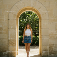 Woman in Denim Skirt Standing in Stone Archway