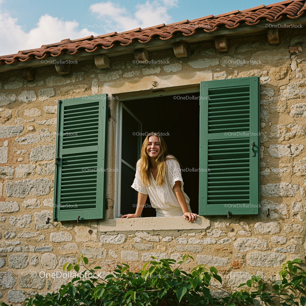 Smiling Woman Leaning Out of Rustic House Window