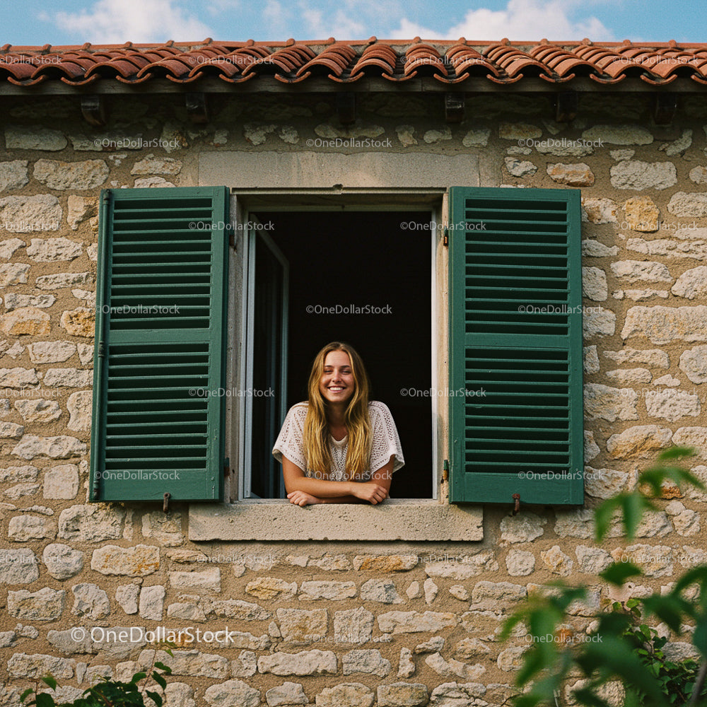 Smiling Woman Leaning Out of Green-Shuttered Window on Stone Wall