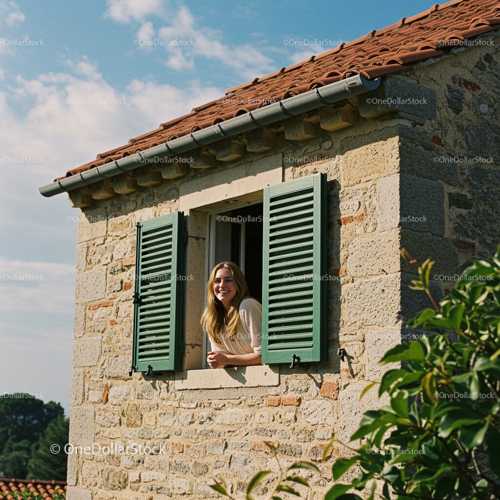 Smiling Woman Leaning Out of Rustic Window with Green Shutters