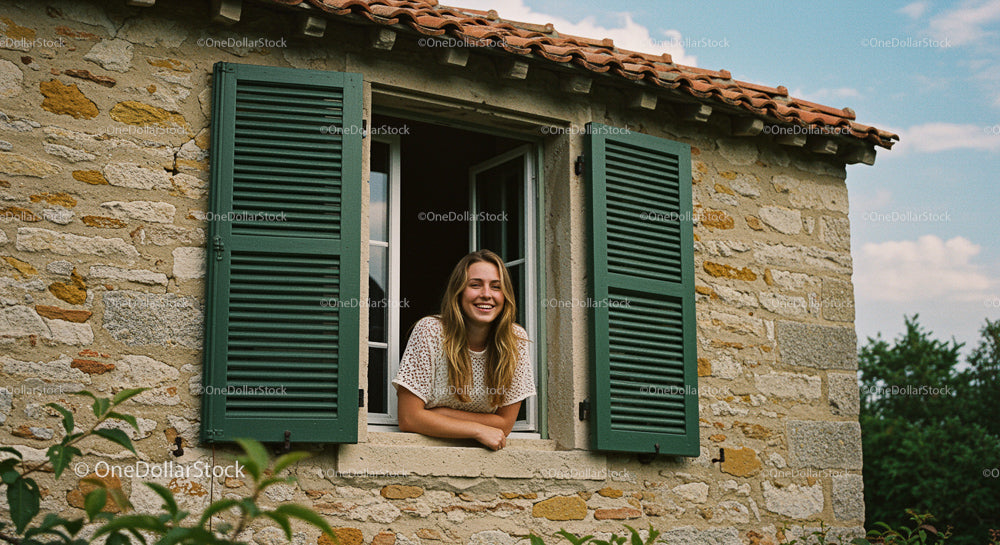 Woman Smiling Through Open Window of Rustic Stone House
