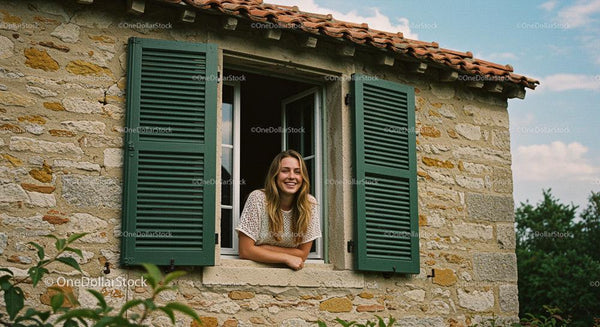 Woman Smiling Through Open Window of Rustic Stone House