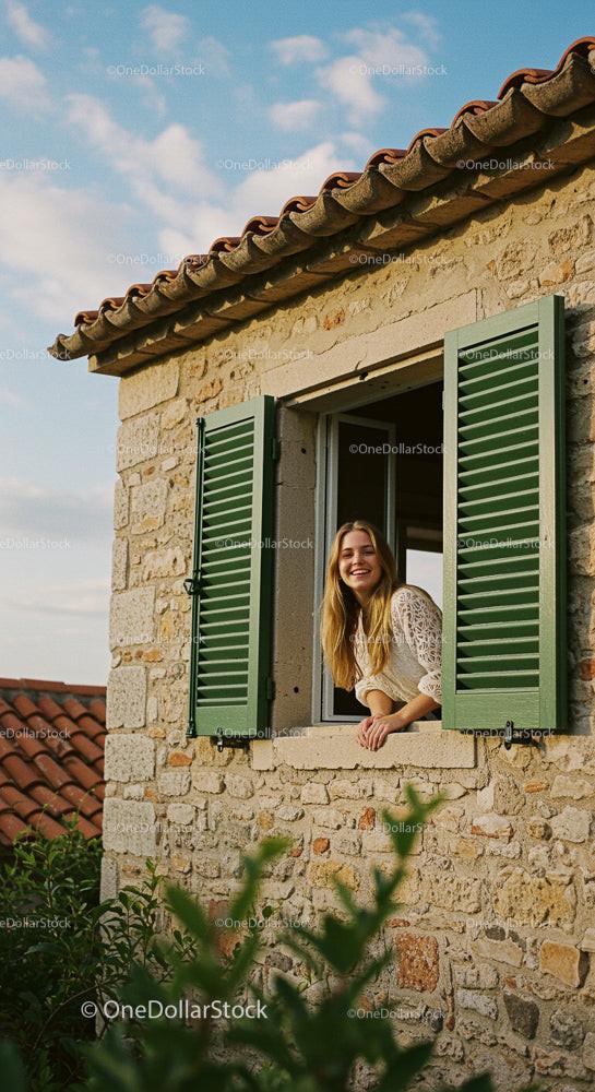 Woman Smiling from a Rustic Stone House Window