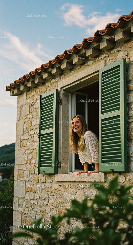 Smiling Woman Leaning Out of Rustic Stone House Window