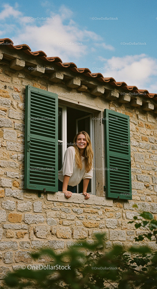 Smiling Woman Leaning Out of a Rustic Stone House Window