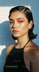 Elegant Woman with Trendy Makeup in Soft Lighting