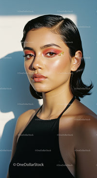 Elegant Woman with Trendy Makeup in Soft Lighting